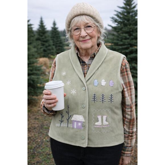 Capacity Jackets & Blazers - Cottagecore Sage Green Fleece Vest Womens Size 1X Winter Embroidery Whipstitch